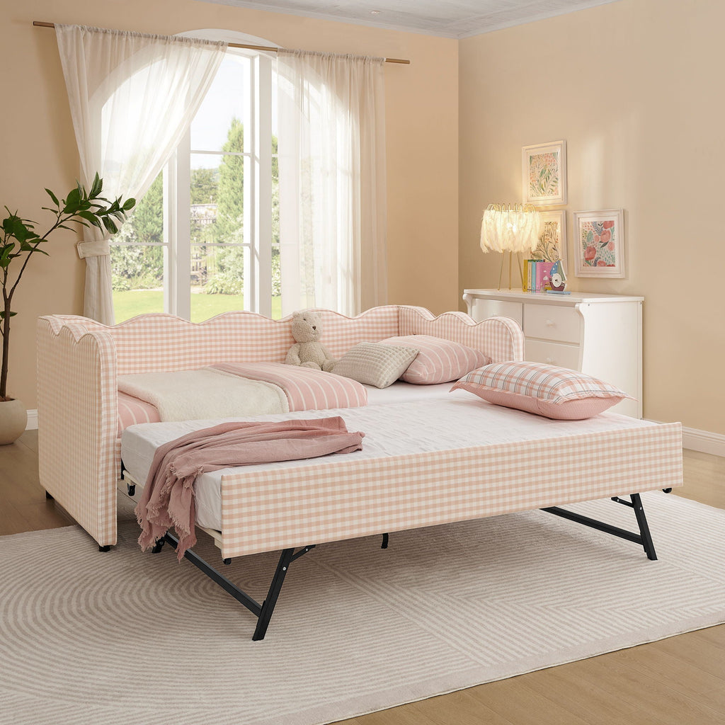 Gingham Daybed With USB Charging Port, Wave Shaped Design