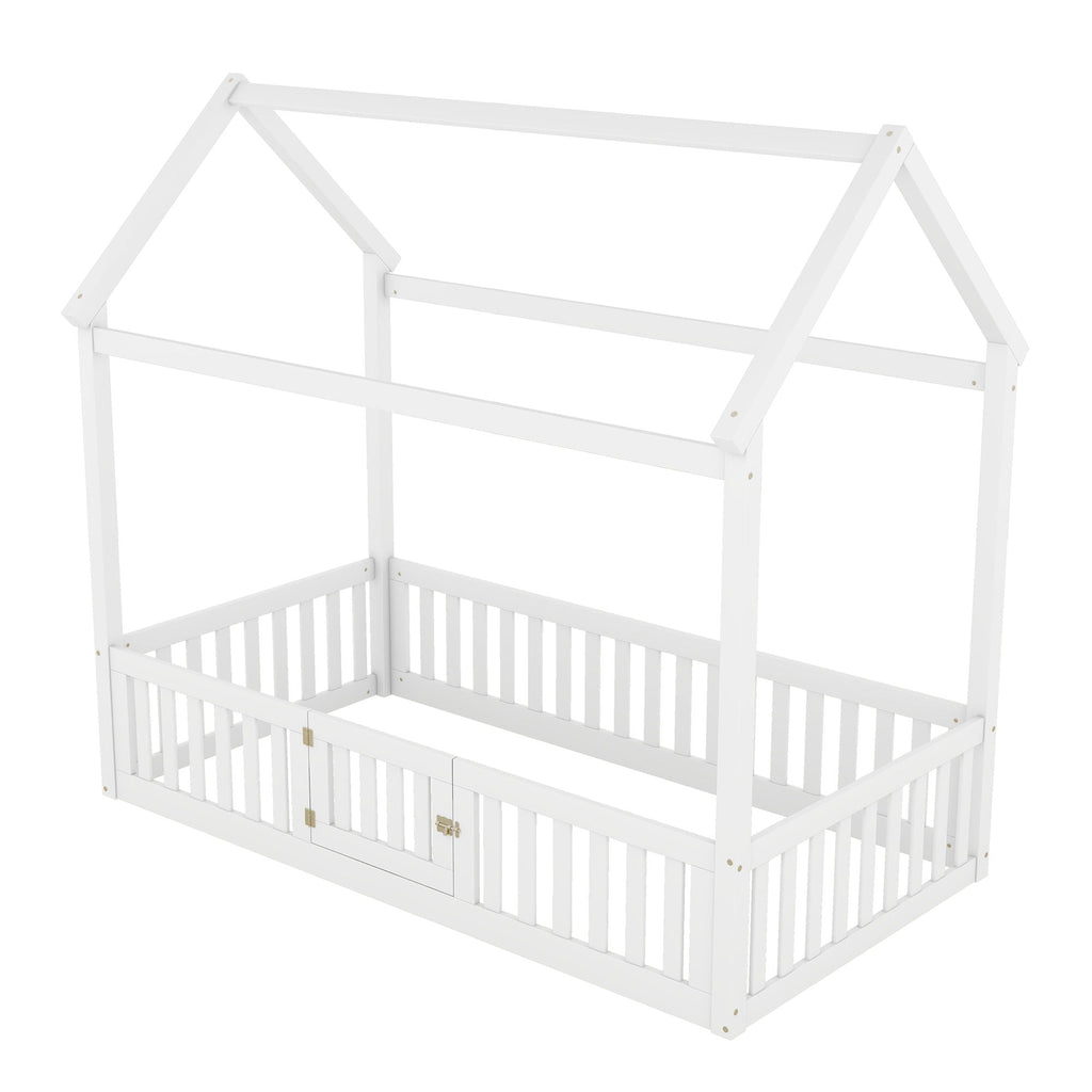 Wood House Bed With Fence And Door