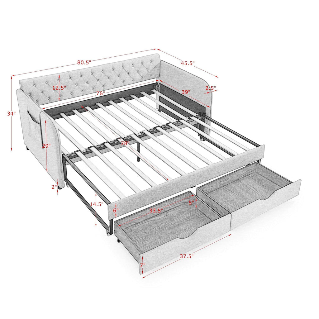 Daybed With Trundle And Storage Drawers, Flat Arms With Pocket