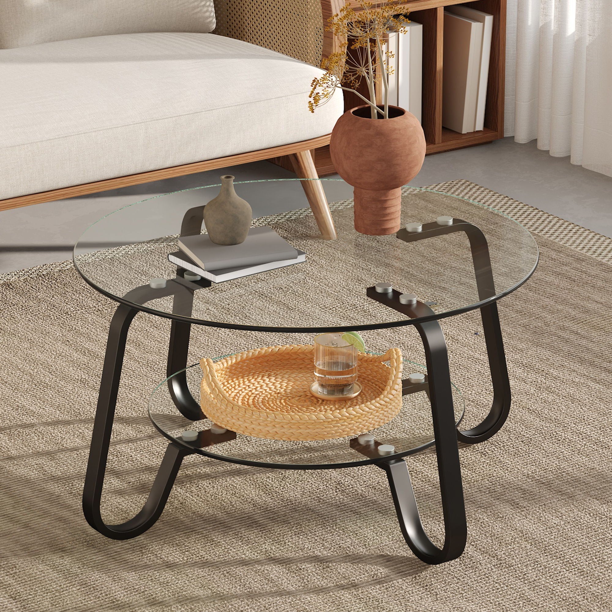 Retro Minimalist Style Metal Frame Double Layer Tempered Glass Coffee Table