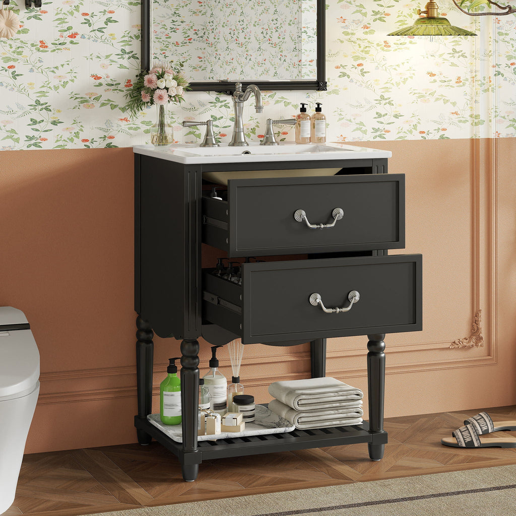 Wave Design Bathroom Vanity With Sink, 2 Drawers And Open Shelf