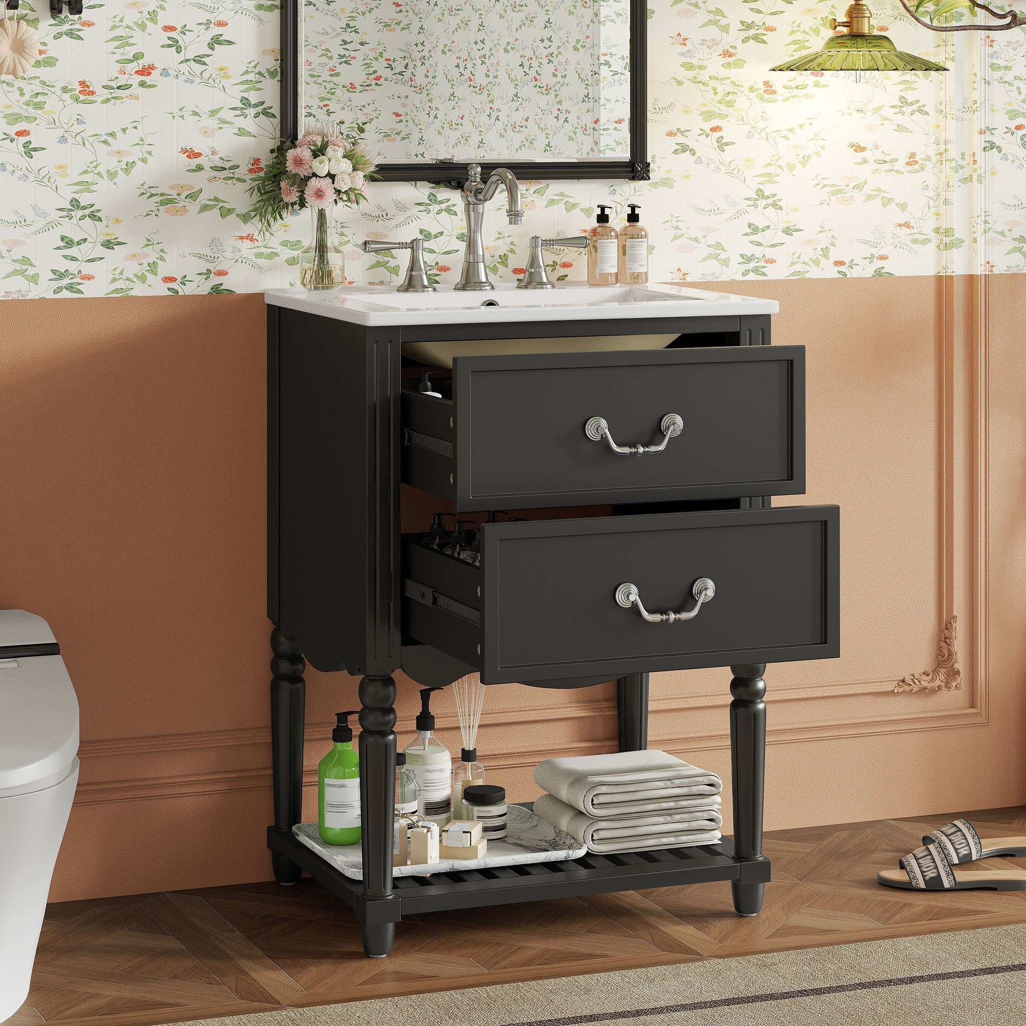 Wave Design Bathroom Vanity With Sink, 2 Drawers And Open Shelf