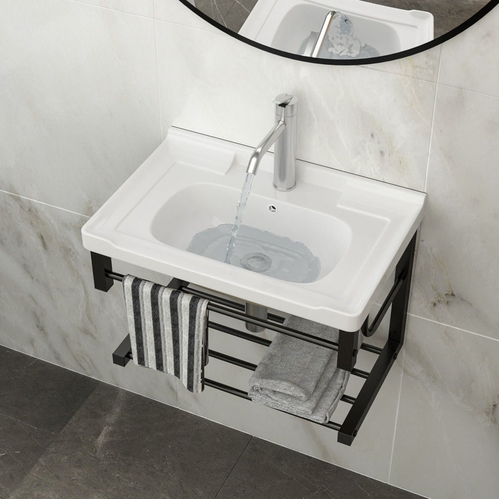 Wall Mounted Rectangular Bathroom Sink With Towel Bar & Overflow - White