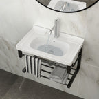 Wall Mounted Rectangular Bathroom Sink With Towel Bar & Overflow - White
