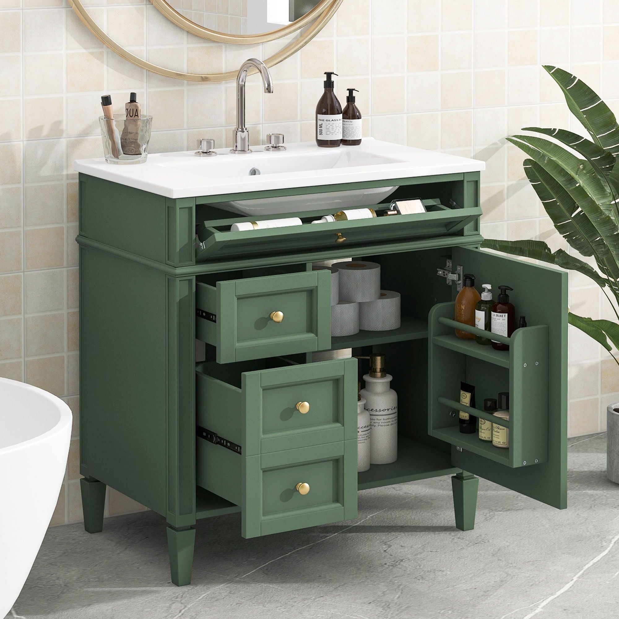 Bathroom Vanity With Top Sink, Storage Cabinet With 2 Drawers, Tip Out Drawer
