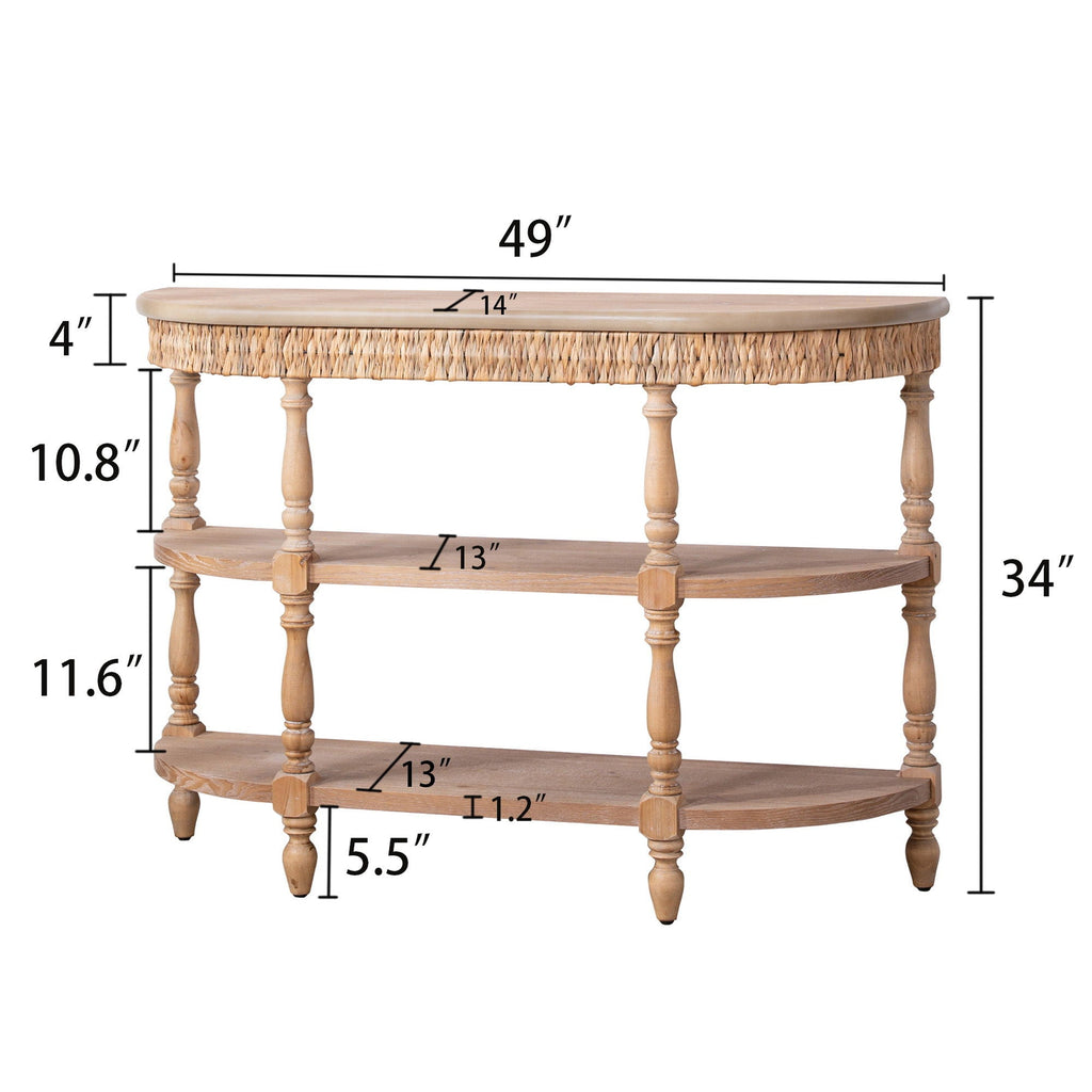 Handcrafted Console Table With Hand Woven Trim, 3 Tier Storage Shelves - Natural