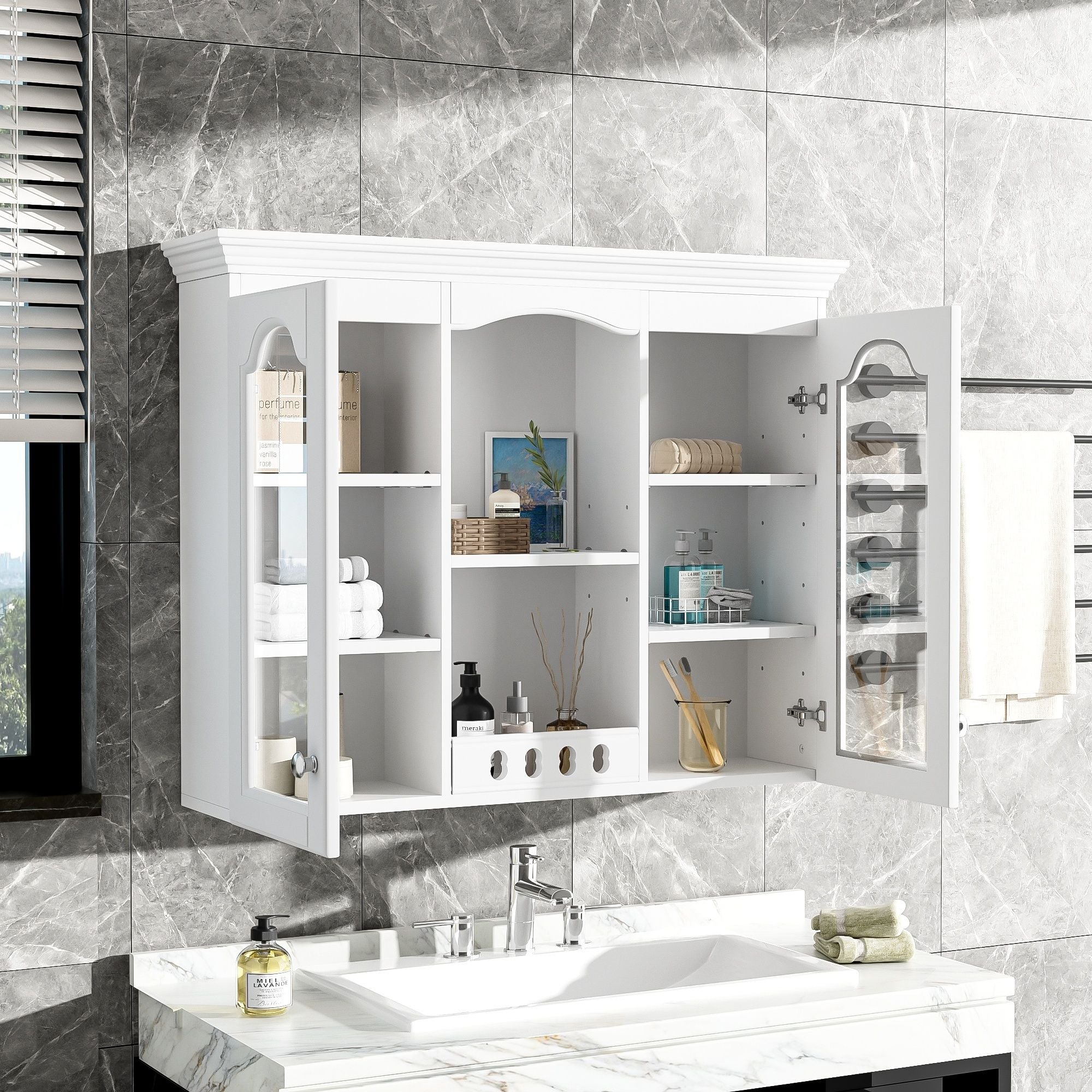 Wall-Mounted Medicine Cabinet With 2 Glass Doors, Adjustable Shelves - White