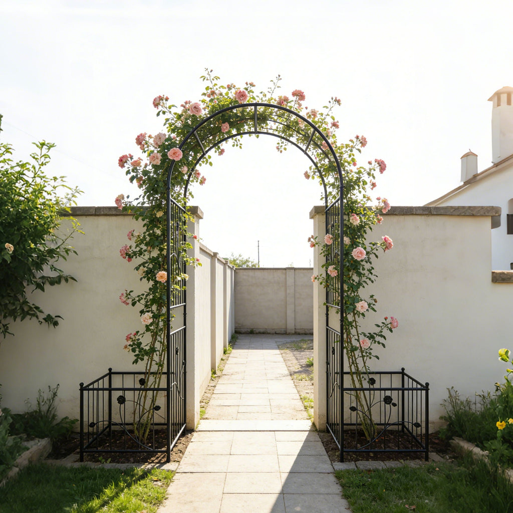 Metal Garden Arch With Two Plant Stands Wide High Climbing Plants Support Rose Arch Outdoor - Black