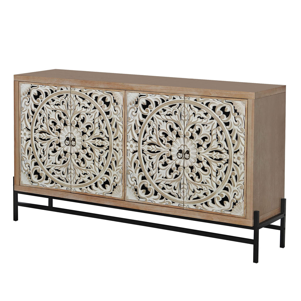 Carved 4 Door Cabinet, Storage Sideboard For Living Room - Multi