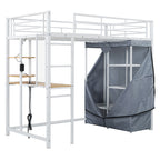 Loft Bed With Desk, Shelves, Power Outlet, LED Light And Wardrobe