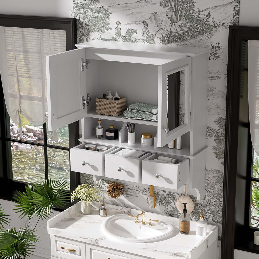 Modern Bathroom Mirror Cabinet With Drawers, Organizer Hooks, And High-Definition Mirrors