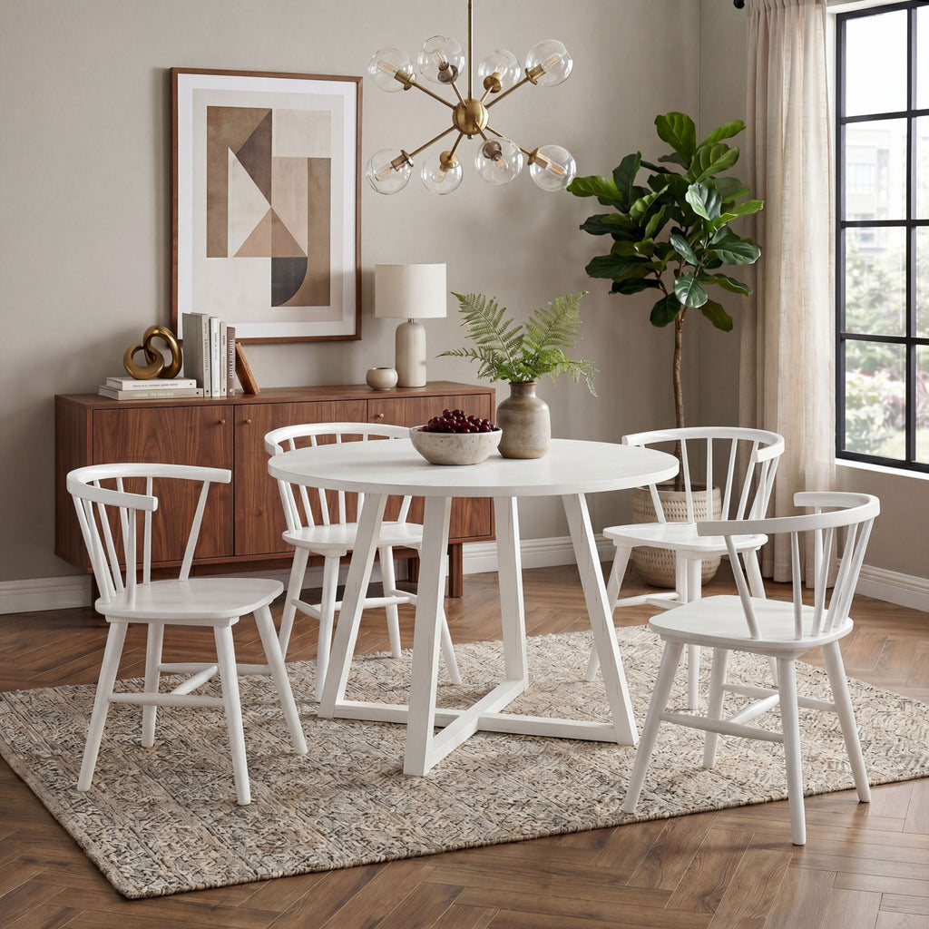 Edo - 5 Piece Dining Set, Trestle Dining Table With 4 Windsor Chairs - White