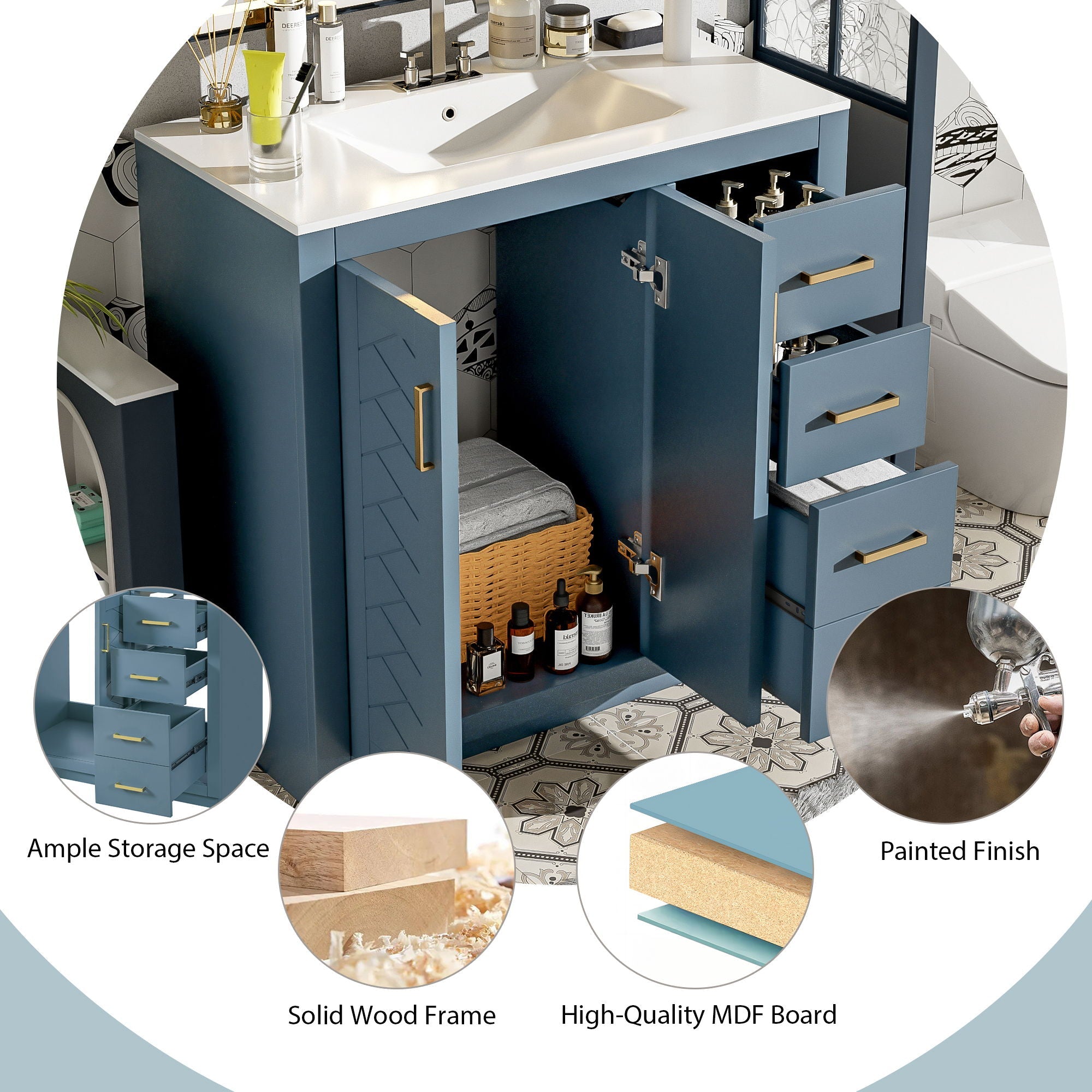 Bathroom Vanity With Sink, Storage Cabinet, Freestanding Set With 3 Drawers & Soft Closing Doors - Indigo