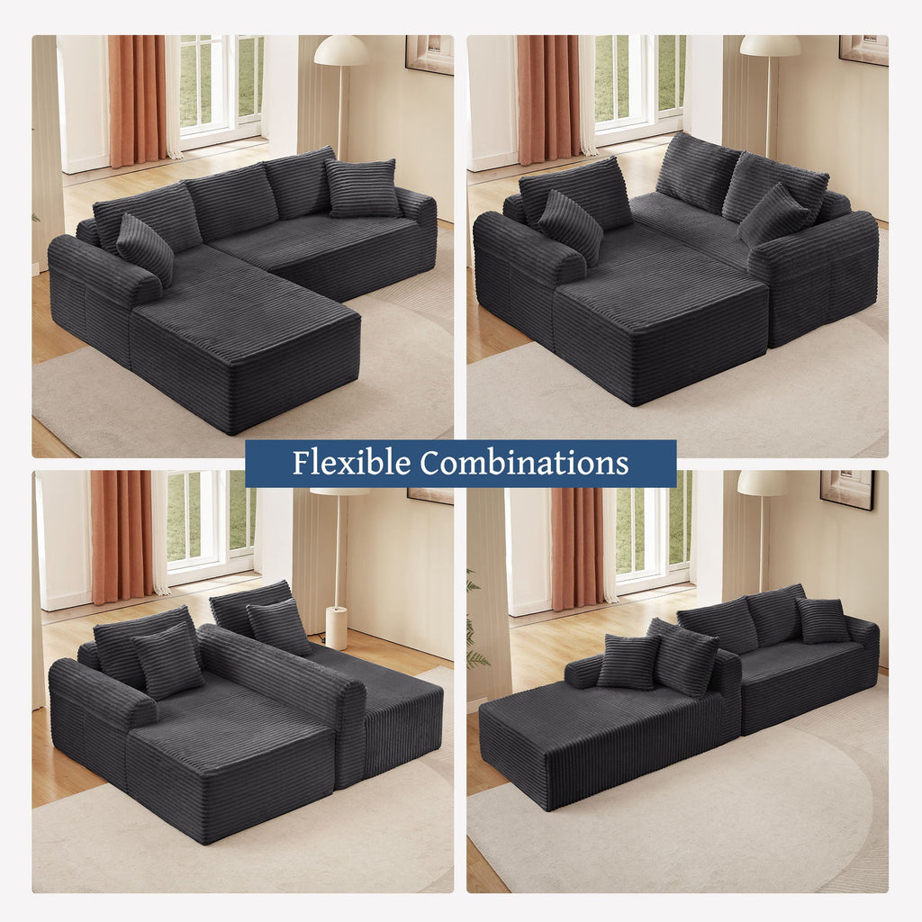 Modular Sectional With Arched Armrests, Includes 3 Back Cushions & 2 Throw Pillows