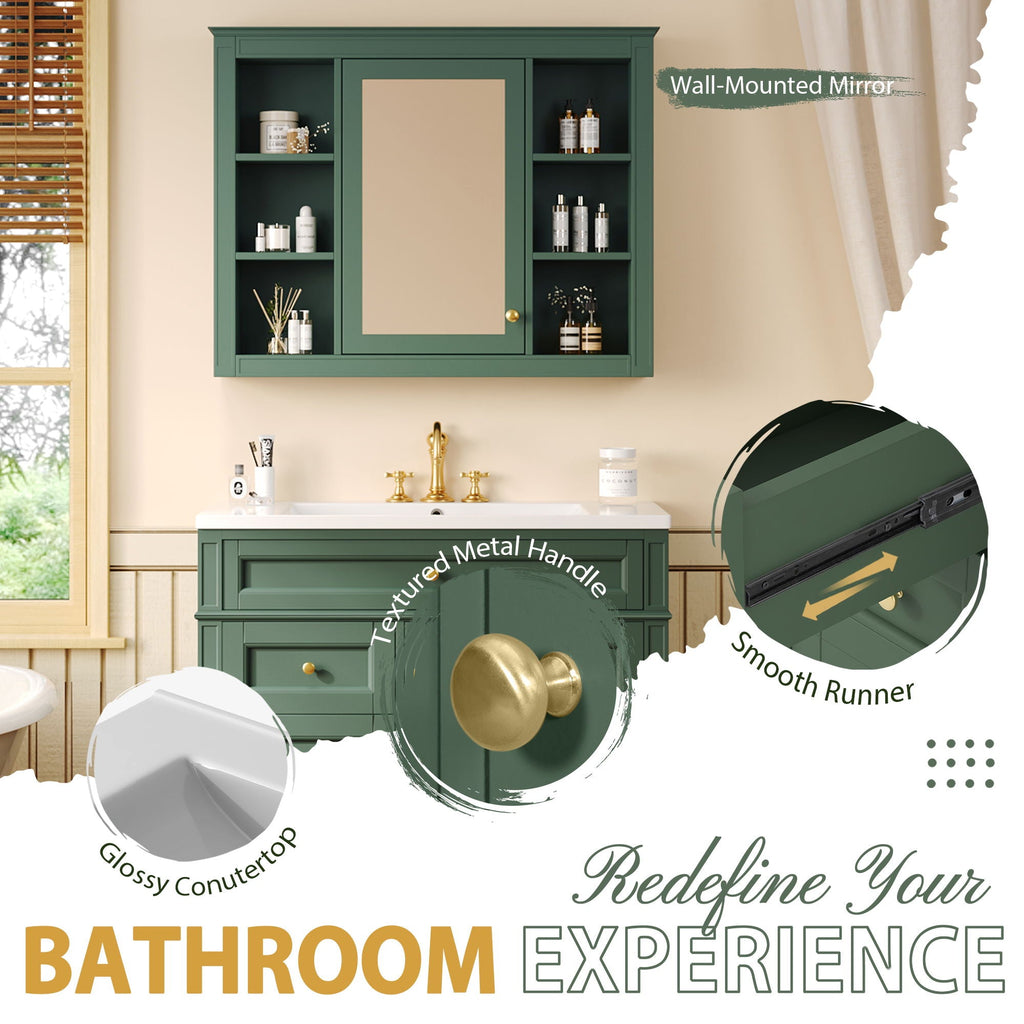 Bathroom Vanity With Mirror Cabinet, Single Sink With 2 Soft Closing Doors And 4 Drawers