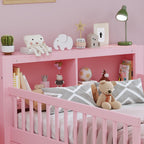 Bed With Headboard Storage Rack, 2 Under Bed Drawers, 3 Side Guardrails For Safety