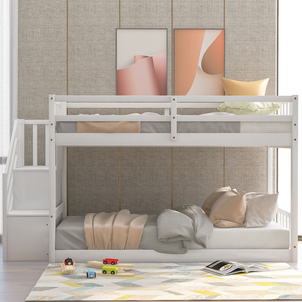 Norset - Twin Over Twin Floor Bunk Bed, Ladder With Storage
