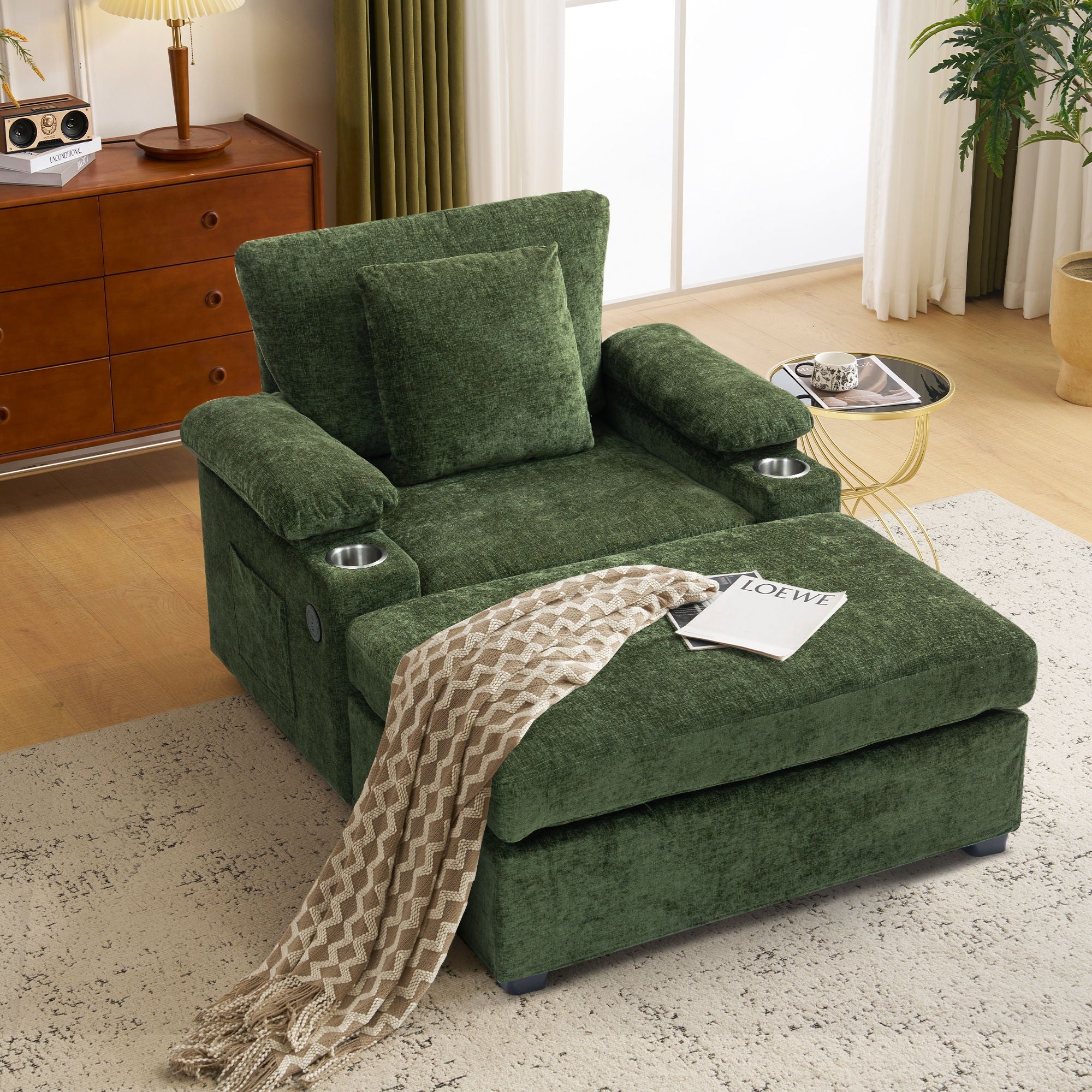 Modern Oversized Chair With Ottoman, Cupholders And USB Charging Ports