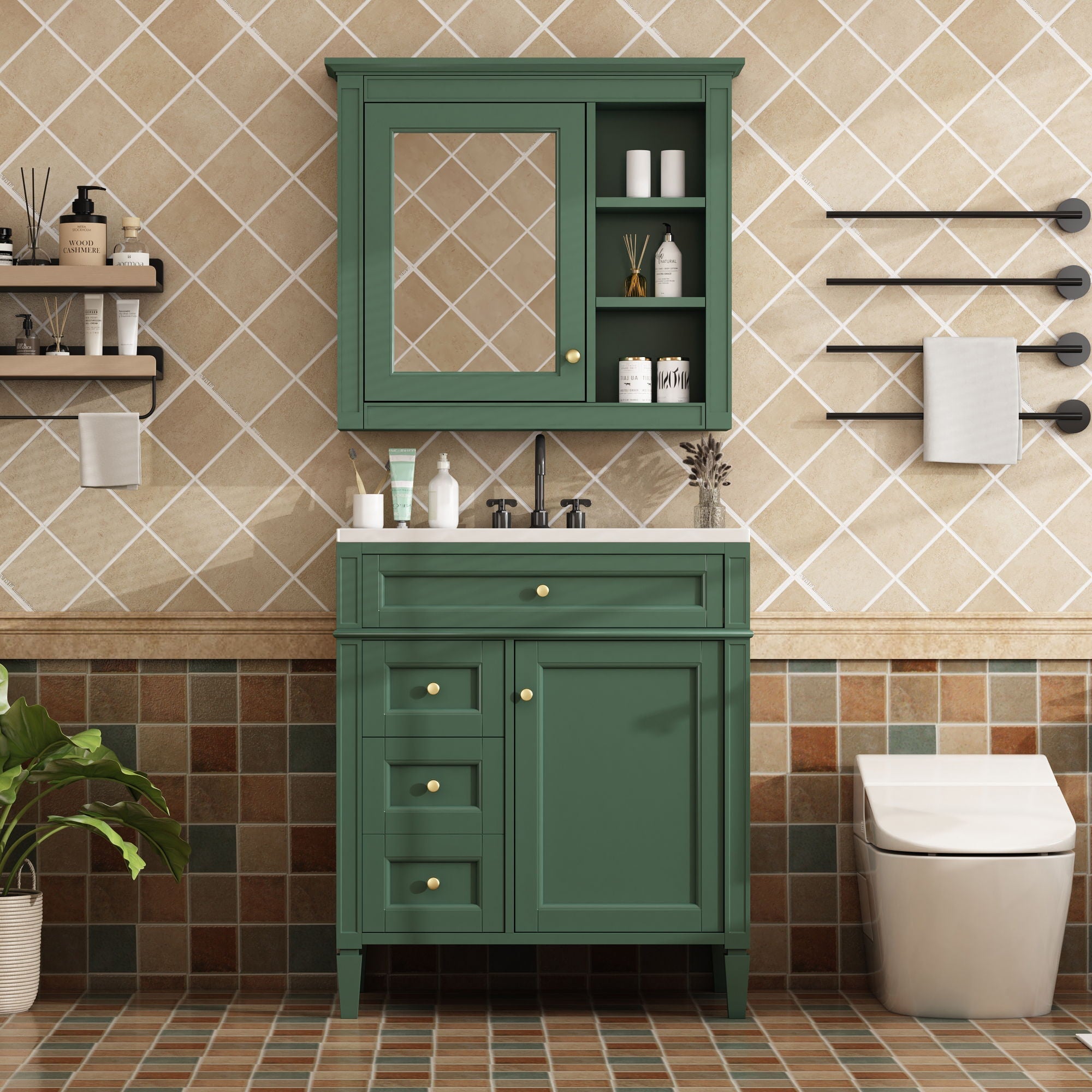 Bathroom Vanity With Medicine Cabinet, Royal Mirror Cabinet, Modern Bathroom Storage Cabinet With 2 Soft Closing Doors And 4 Drawers
