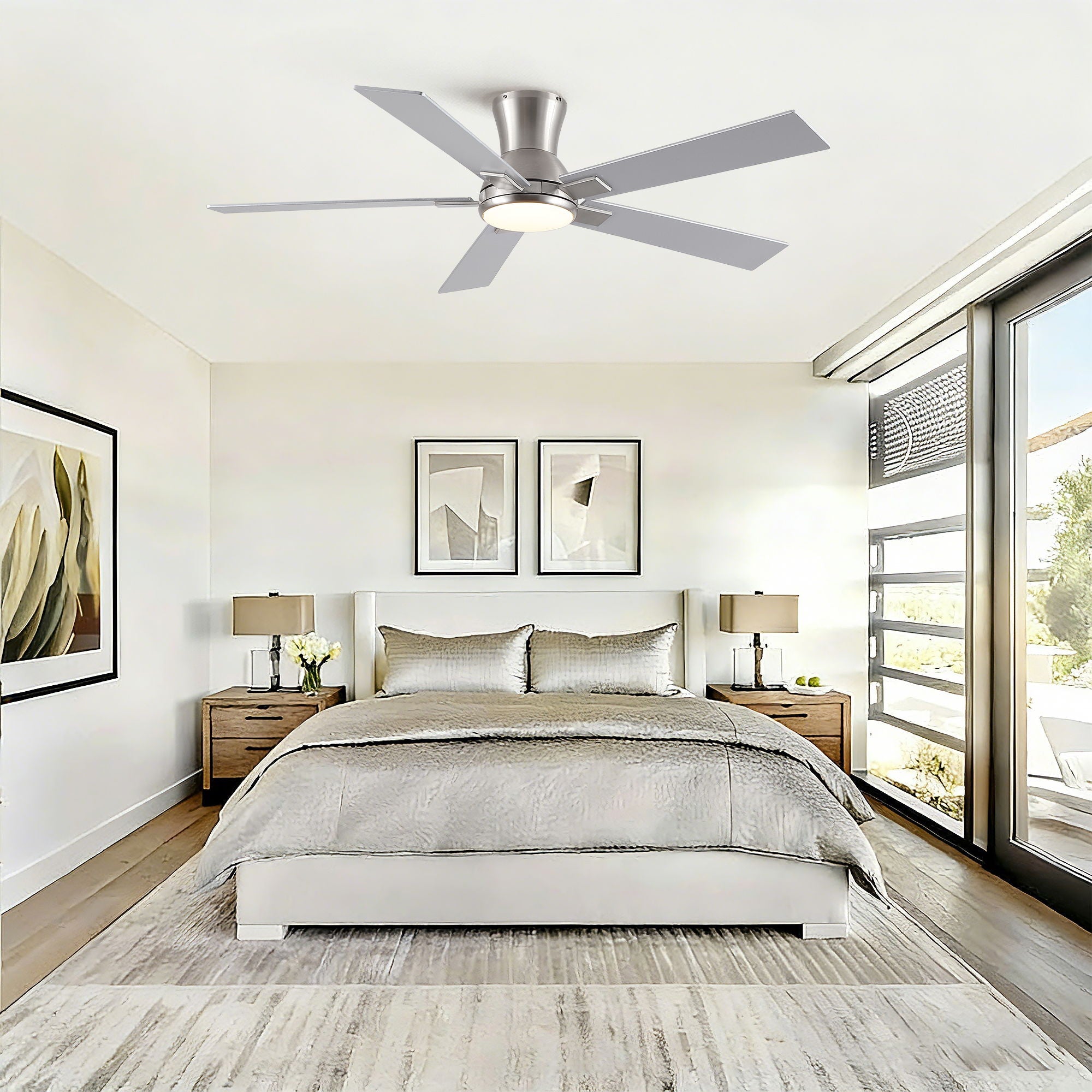 Low Profile Flush Mount Intergrated LED Ceiling Fan With Light And Reversible Quiet Motor