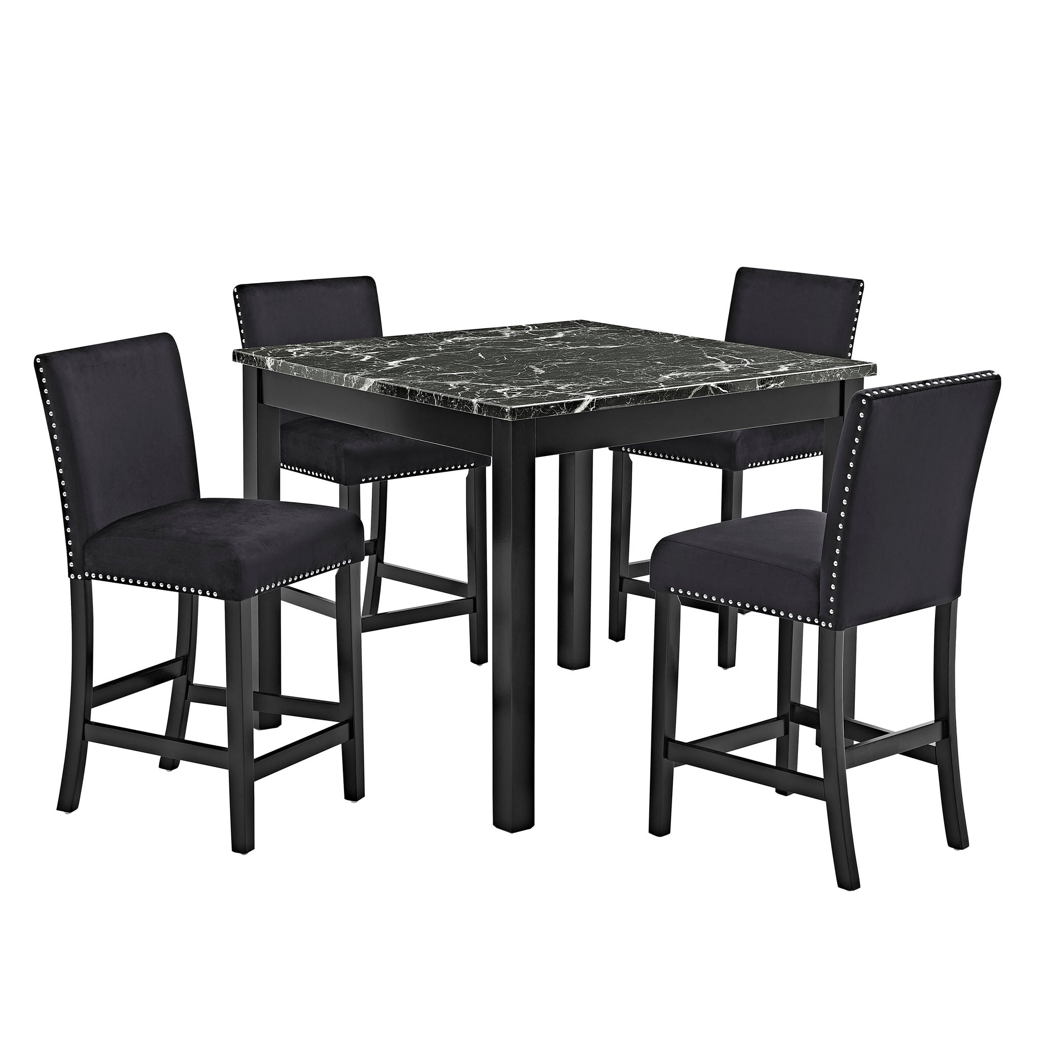5 Piece Counter Height Dining Set With Table, Tufted Nail Head Chairs - Black