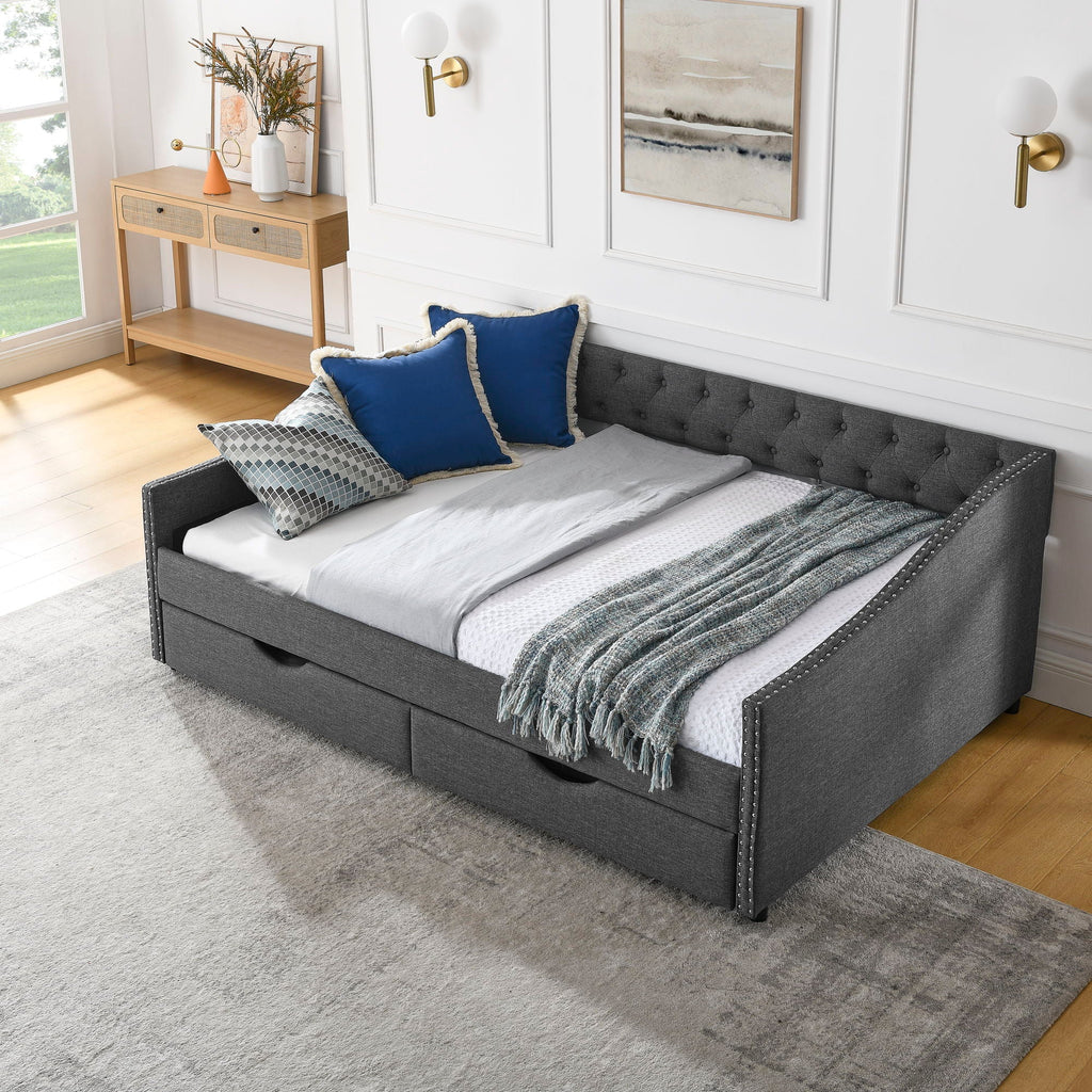 Upholstered Tufted Daybed With 2 Drawers, Waved Arms