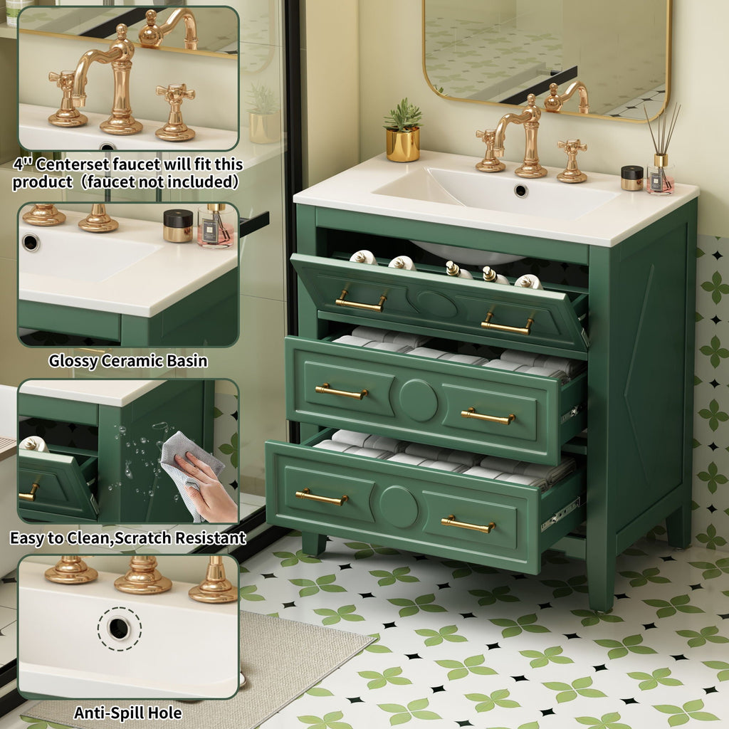 Retro Bathroom Vanity With Sink Combo, Free Standing Single Set With 3 Drawers