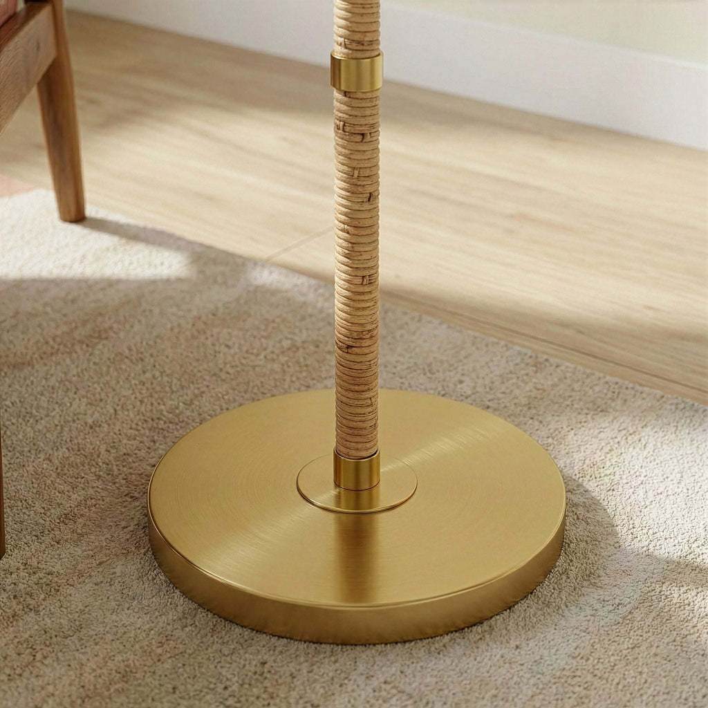 Stellar - Linen Shade Floor Lamp - Gold / Natural Wood / Rattan / White