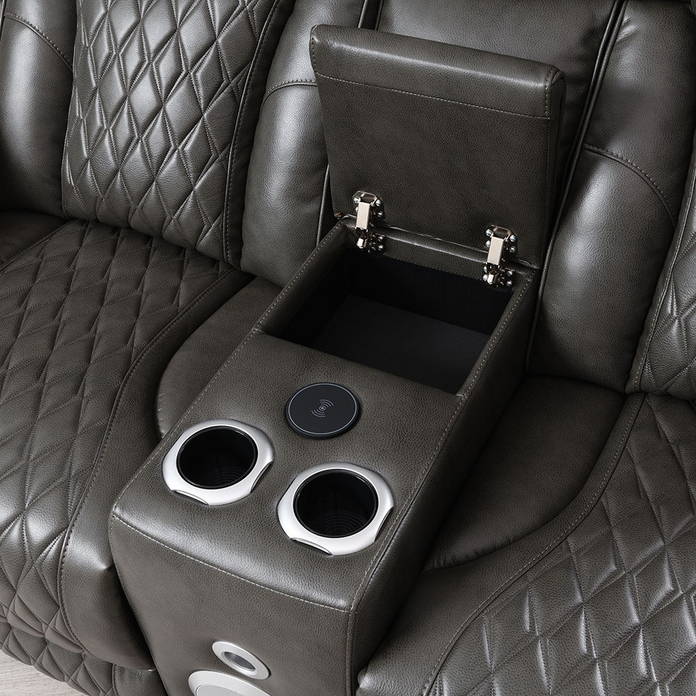 Taddeo - Power Motion Loveseat With Console, Speaker, USB, Wireless Charger & LED - Dark Gray