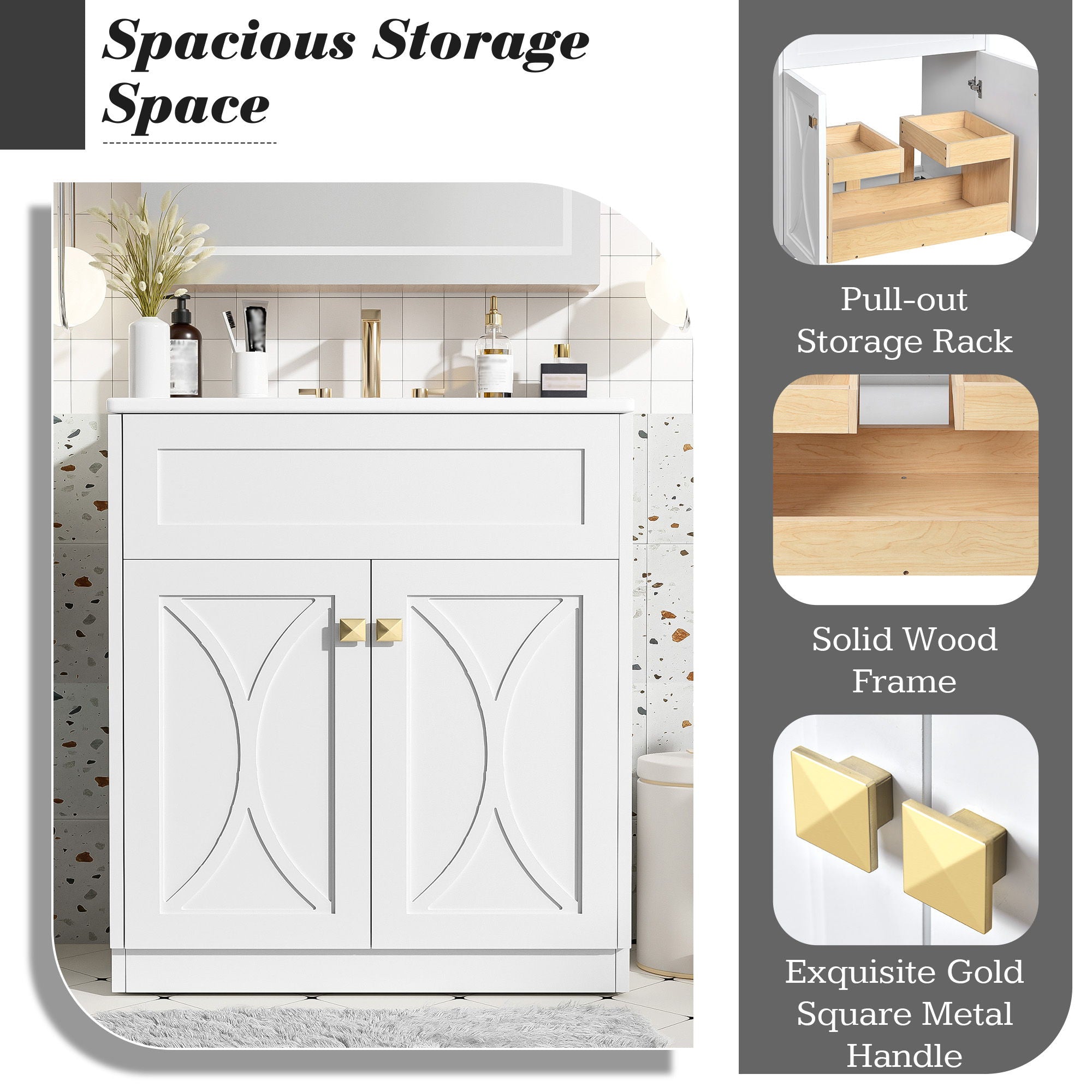 Bathroom Vanity With Sink, Freestanding Storage Cabinet With Handles, Soft Closing Doors