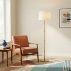 Stellar - Linen Shade Floor Lamp - Gold / Natural Wood / Rattan / White