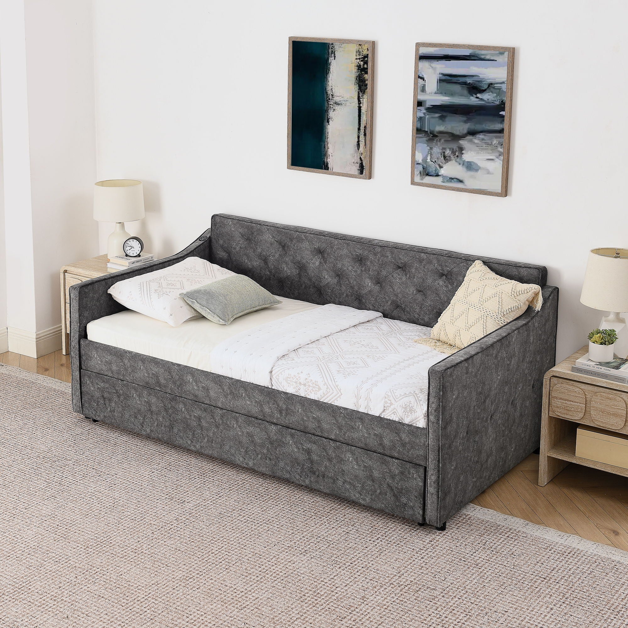 Daybed With Pop Up Trundle And USB Charging Armrest