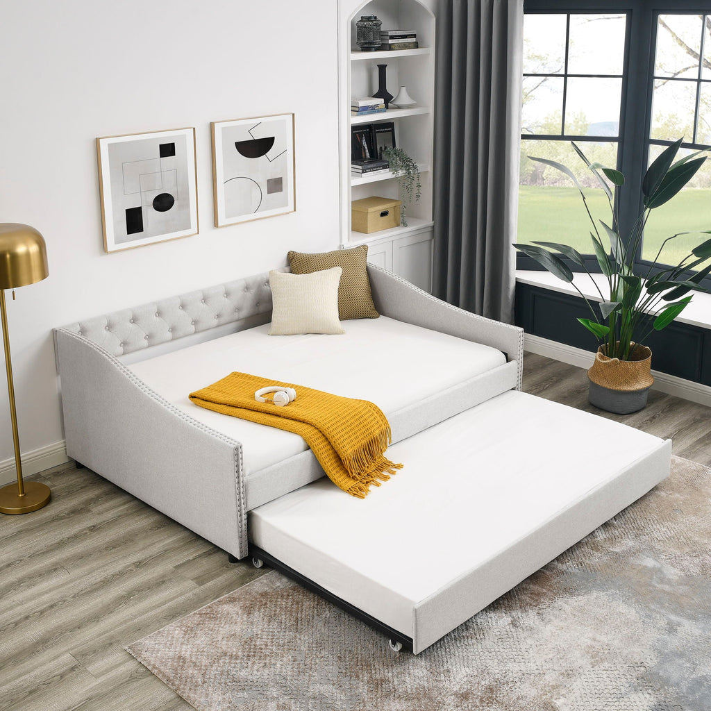 Upholstered Tufted Daybed With Drawers, Waved Arms