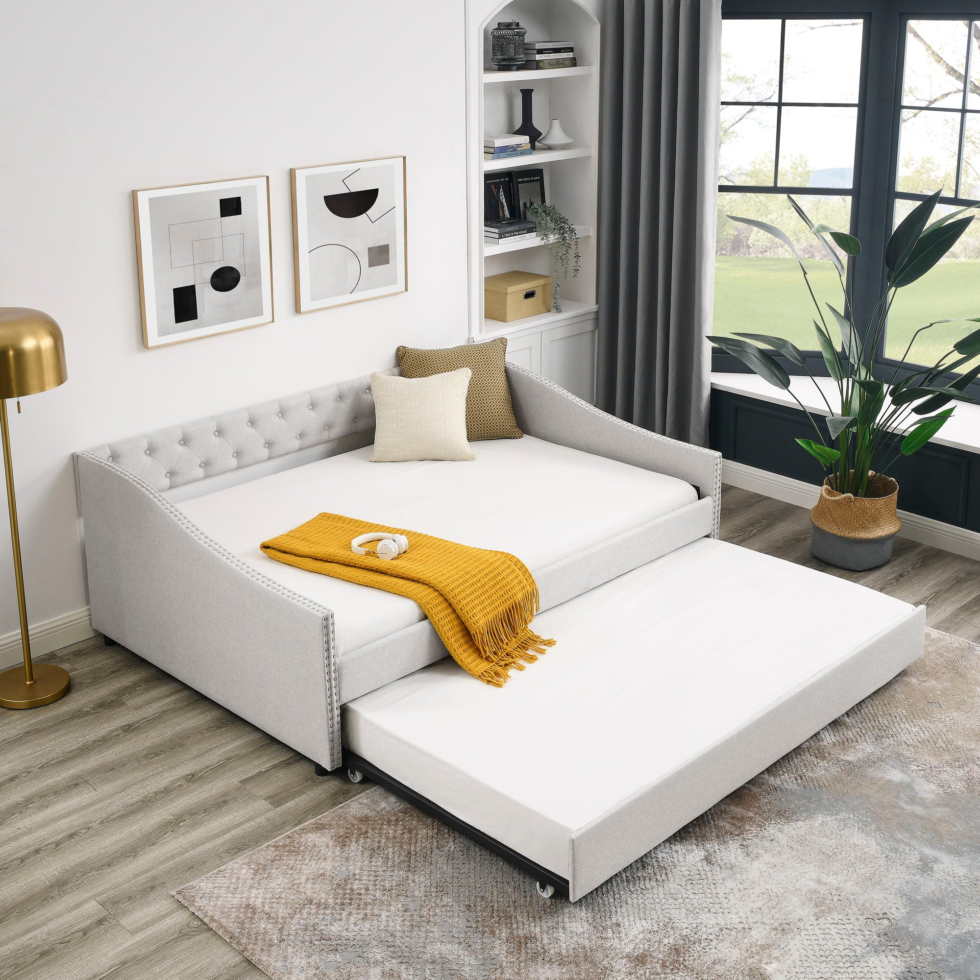 Upholstered Tufted Daybed With Drawers, Waved Arms