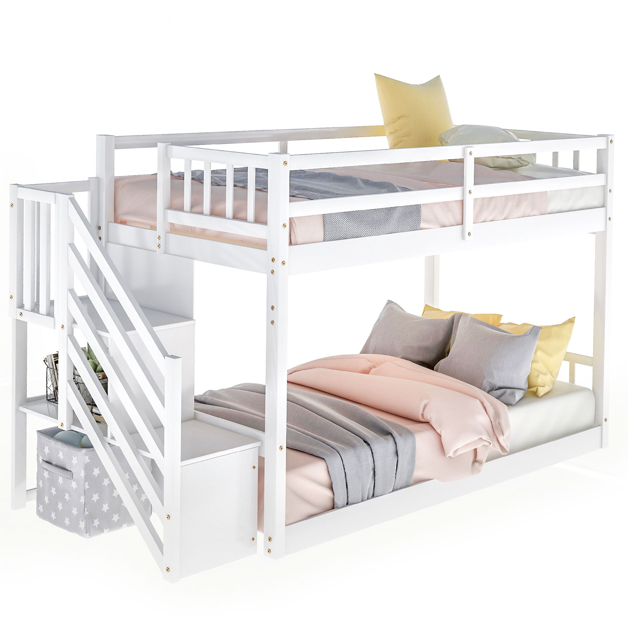 Norset - Twin Over Twin Floor Bunk Bed, Ladder With Storage
