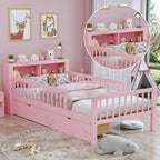 Bed With Headboard Storage Rack, 2 Under Bed Drawers, 3 Side Guardrails For Safety