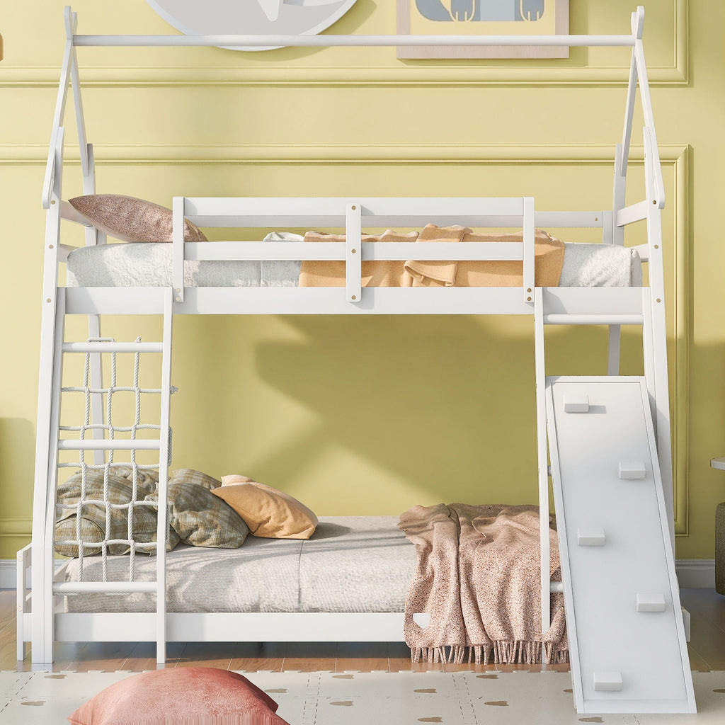 Georgiana - Twin Over Queen House Bunk Bed With Climbing Nets And Climbing Ramp