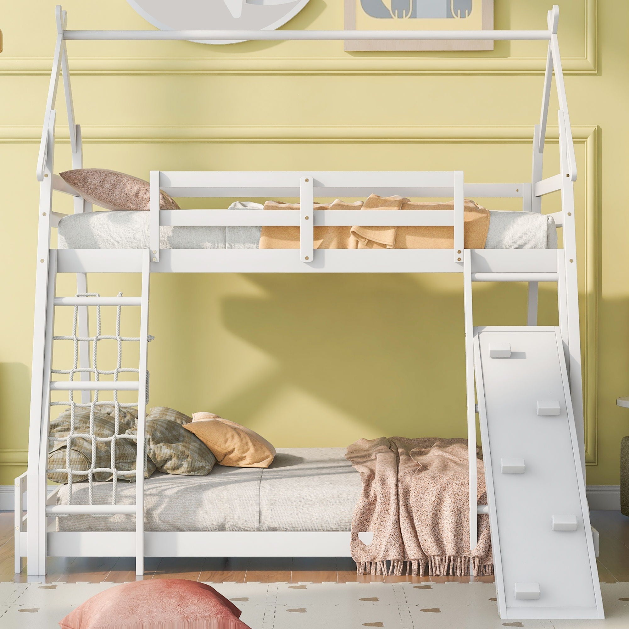 Georgiana - Twin Over Queen House Bunk Bed With Climbing Nets And Climbing Ramp