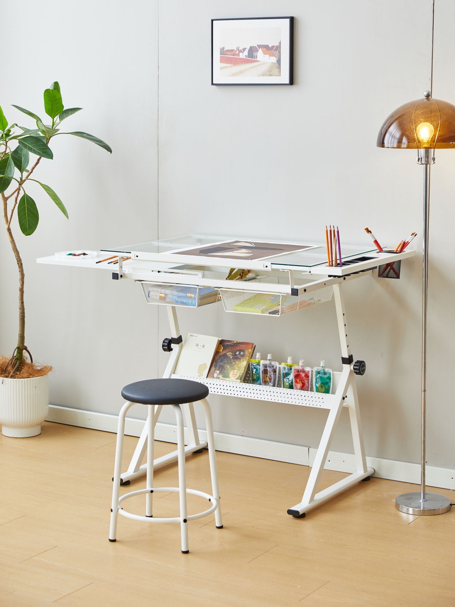 Adjustable Tempered Glass Drafting Printing Table With Chair