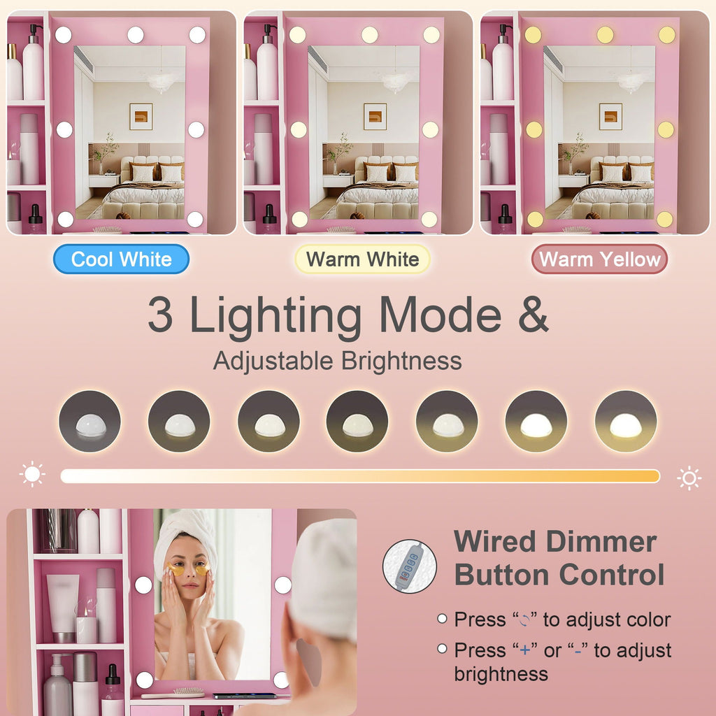 Vanity Table With Mirror, Adjustable LED Lights, Power Outlet, Hairdryer Holder & Stool