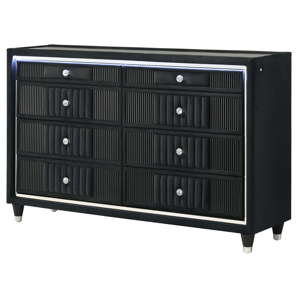 Ravenne 8-drawer Velvet Upholstered LED Dresser Cabinet Black