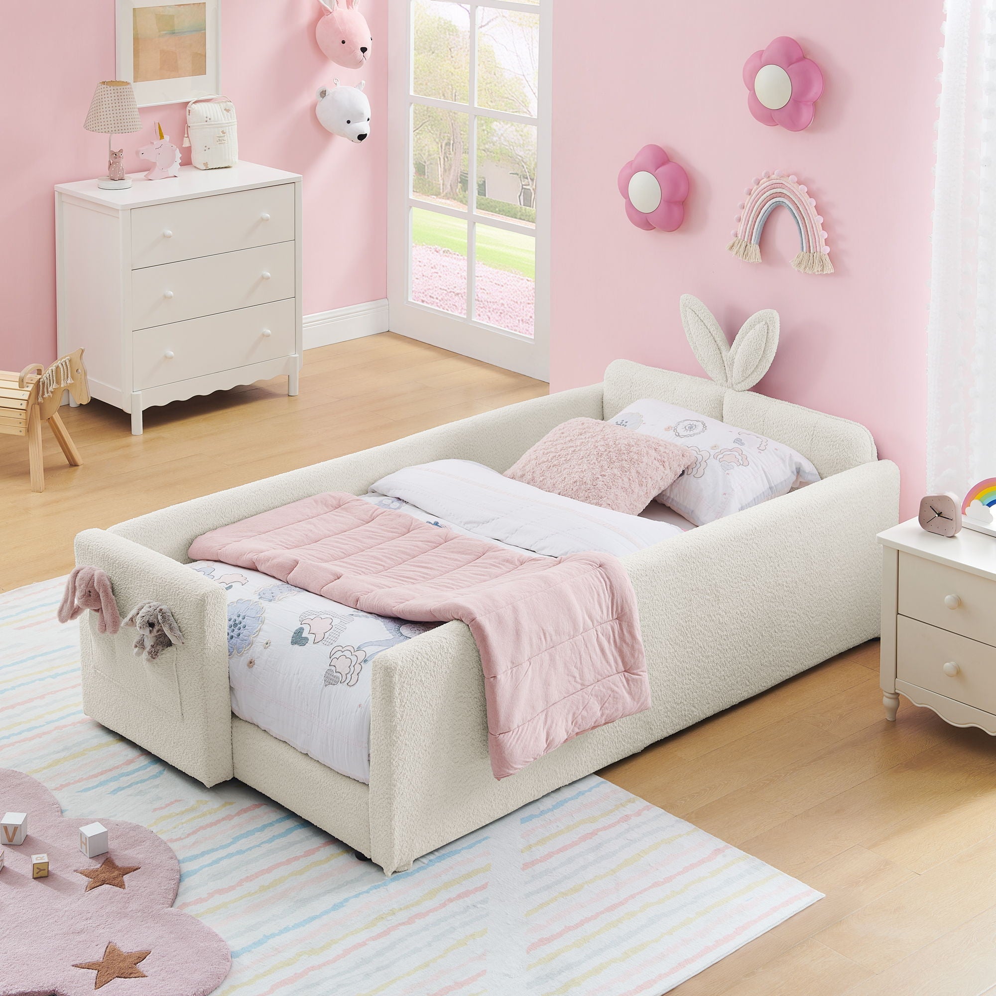Cute Rabbit Ear Upholstered Platform Bed Frame With Safety Rail