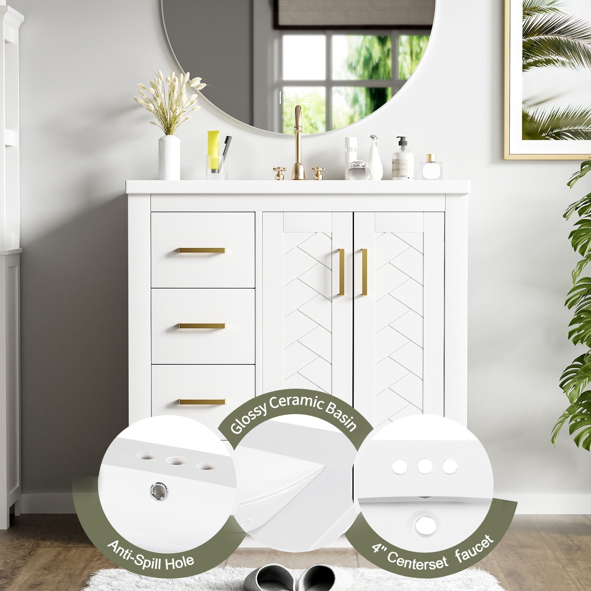 Ceramic Sink Combo, Freestanding Vanity Set With 3 Drawers & Soft Closing Doors