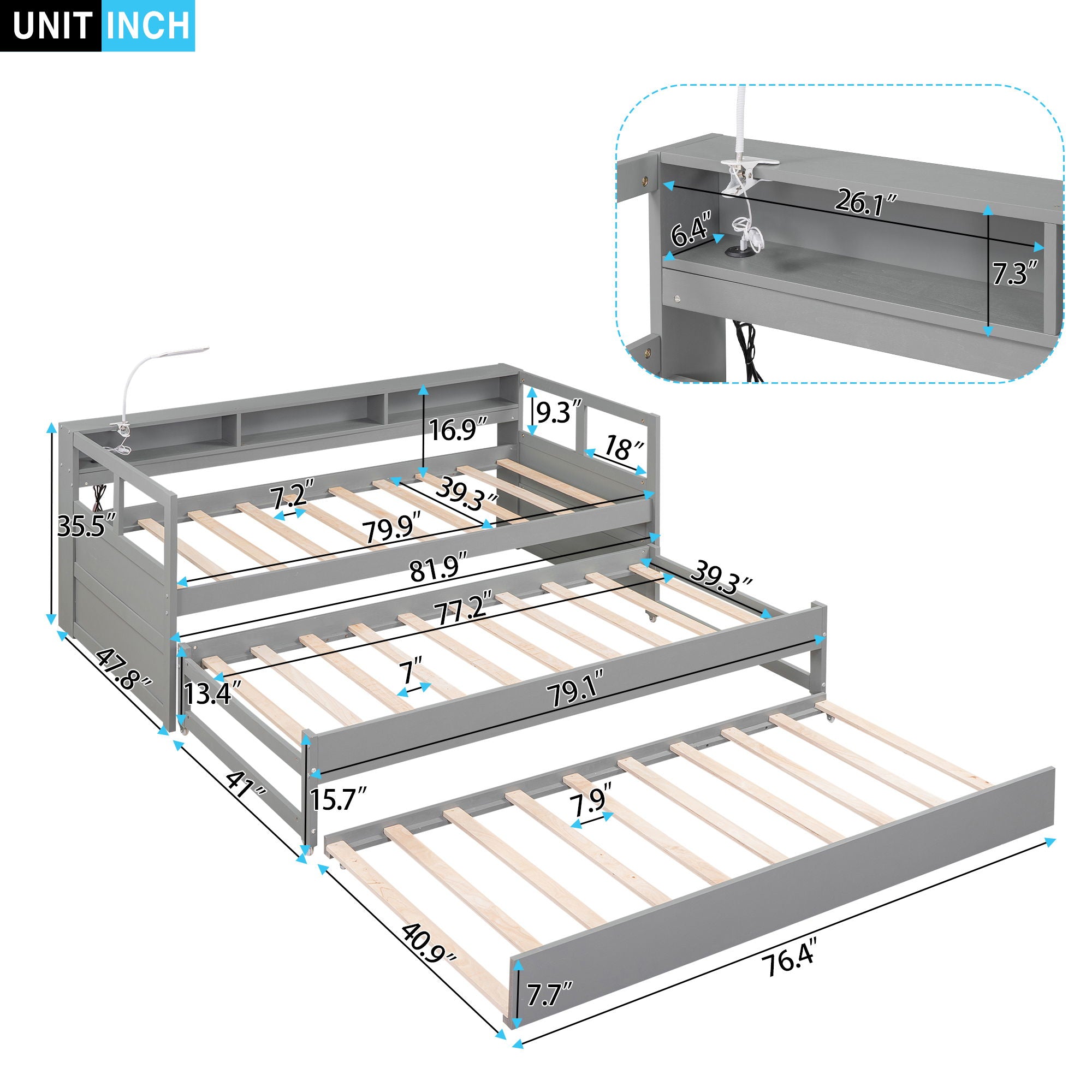 Daybed With 2 Trundles, 3 Storage Cubbies, Built In USB Charging Light