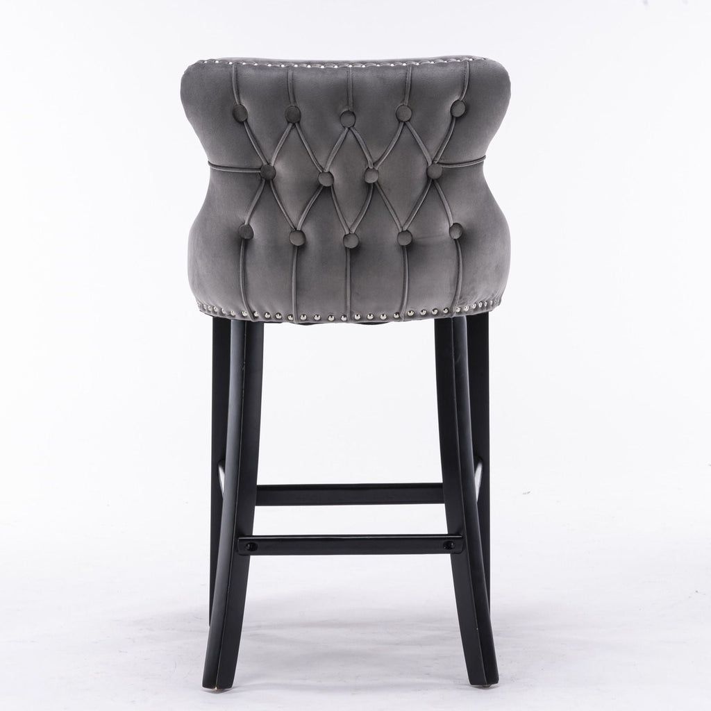 Contemporary Upholstered Wing-Back Barstools With Button Tufted Decoration And Wooden Legs, And Nailhead Trim, Leisure Style Bar Chairs, Bar Stools (Set of 2)