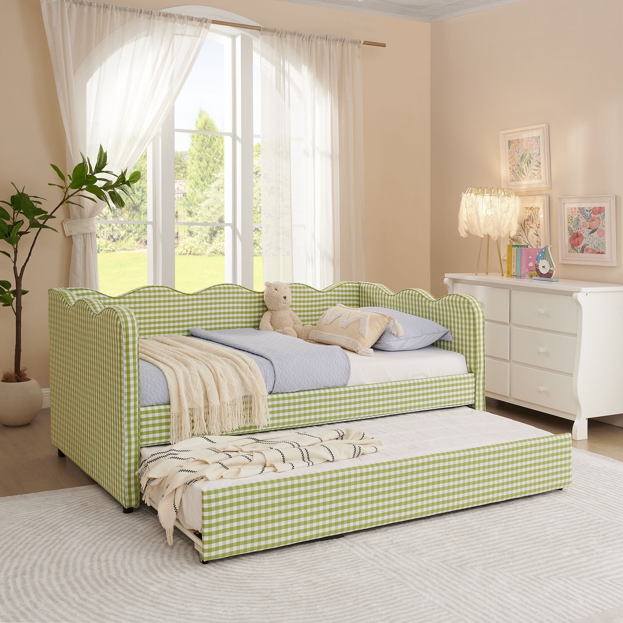 Gingham Daybed With USB Charging Port, Wave-Shaped Design
