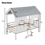 Twin Size Low Loft House Bed With Roof And 2 Front Windows - White