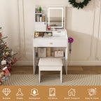 3 Color LED Vanity Mirror With Stool, Dressing Table For Bedroom, 2 Drawers & 5 Storage Cabinets (4 Open + 1 Hidden), Adjustable Lighting - White