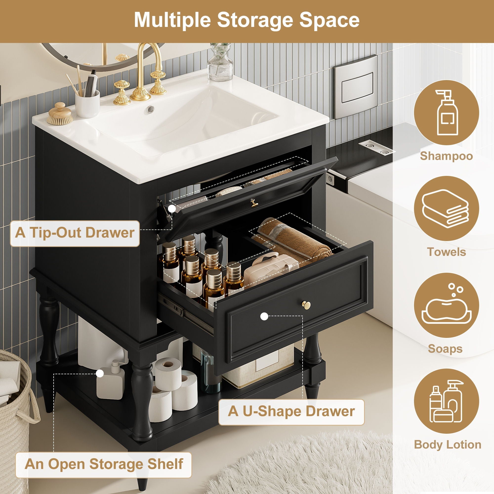 Bathroom Vanity With Sink, 2 Drawers Storage Cabinet, Open Shelf