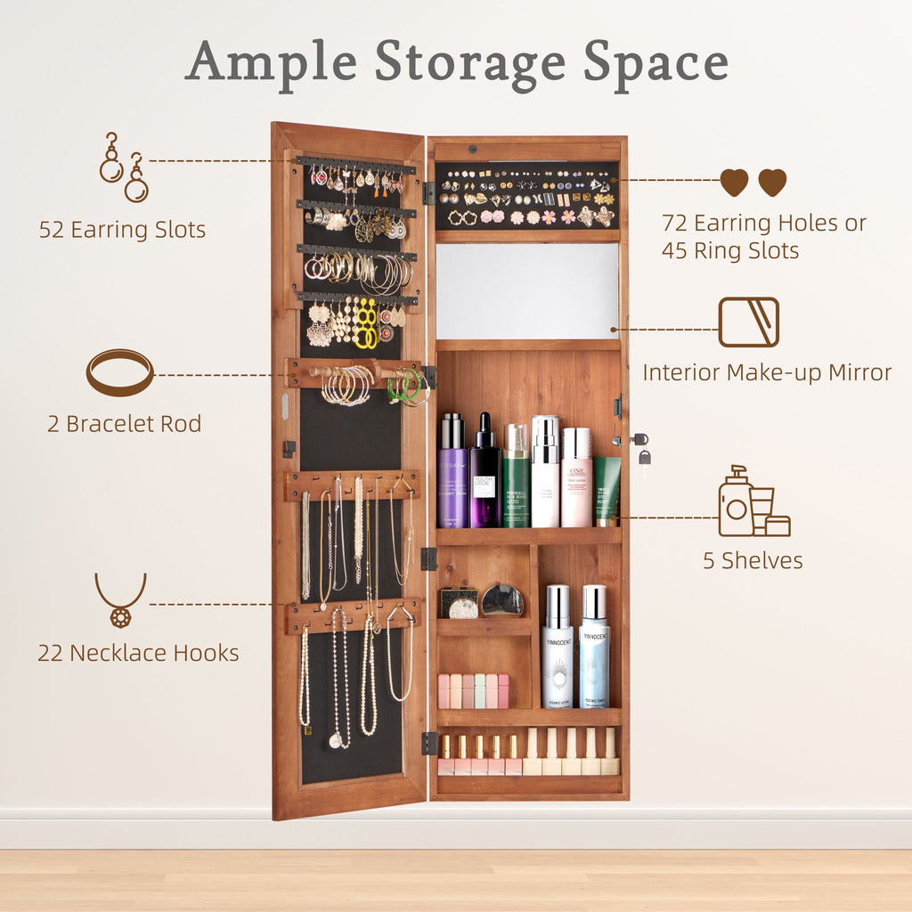 Jewelry Armoire Organizer With Full Length Mirror, Wall Mounted Lockable Cabinet With LED Light